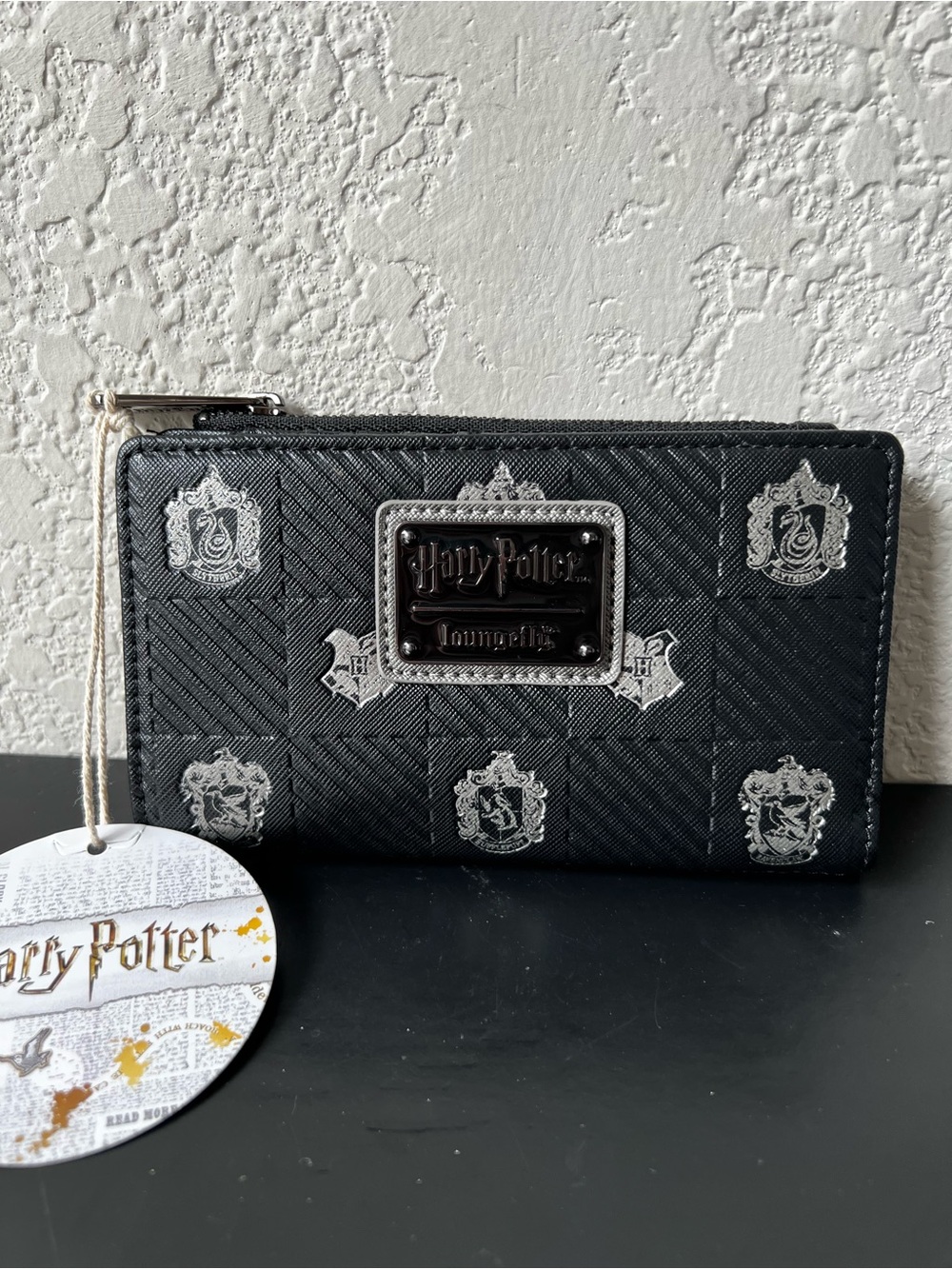 Loungefly Harry Potter Hogwarts House Crests Zip Around Wallet Black Silver NWT